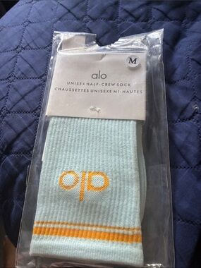 ALO Yoga Light Aqua Half-Crew Socks with Gold Stripe